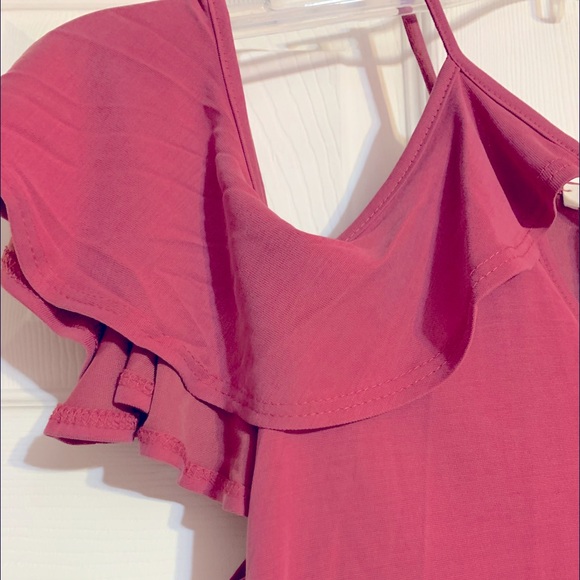 ❌DONATED❌Rose Pink Tie Neck Cold Shoulder Ruffle Sleeve Top - Picture 6 of 10